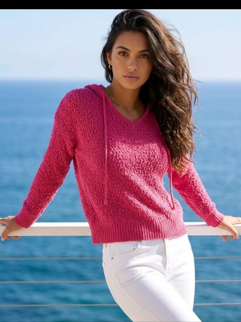 Maurices Cozy Pink V-Neck Popcorn Knit Hoodie Sweater Size Small